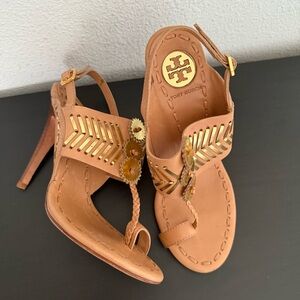 Tory Burch Tan All Leather with Braided Gold Details Strappy Heels Sandals